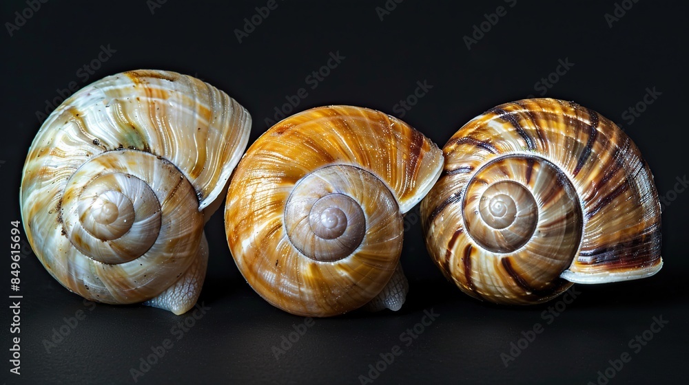 Three Snail Shells Aligned on Black Background Three Snail Shells Aligned on Black Background