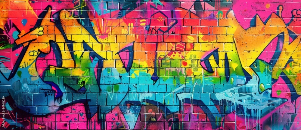 Brick wall is completely covered with vibrant and detailed graffiti art, showcasing a fusion of colors and artistic expression Brick wall is completely covered with vibrant and detailed graffiti art, showcasing a fusion of colors and artistic expression