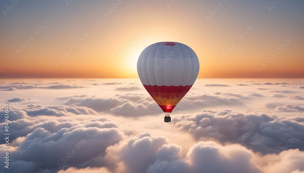 A hot air balloon flying high above the clouds with the sun shining brightly in the background
