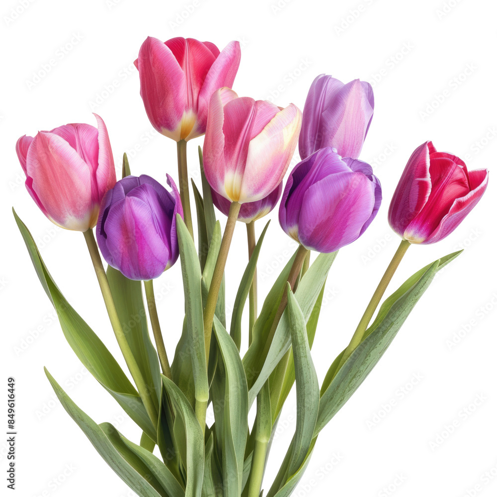 Colorful tulip bouquet with pink and purple flowers on solid white background, single object
Colorful tulip bouquet with pink and purple flowers on solid white background, single object