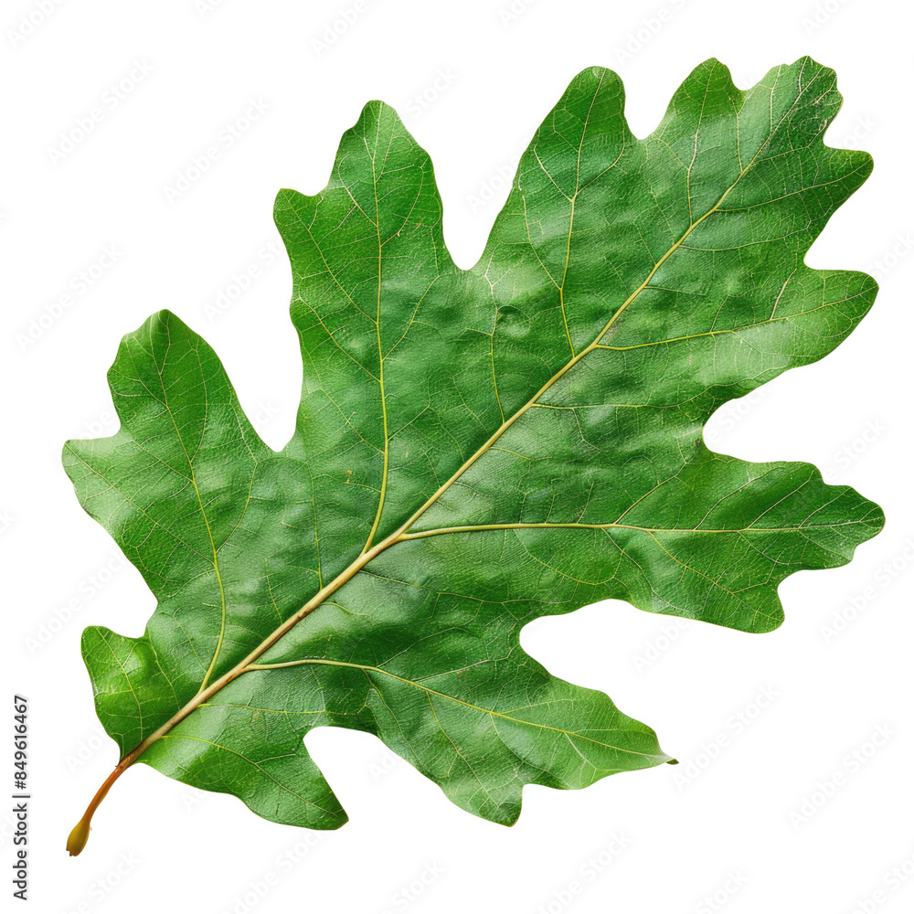 single green oak leaf with seven lobes. The lobes are pointed at the end and have serrated edges. The stem is brown. single green oak leaf with seven lobes. The lobes are pointed at the end and have serrated edges. The stem is brown.