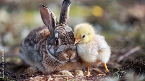 A Rabbit and a Chick Sharing a Moment