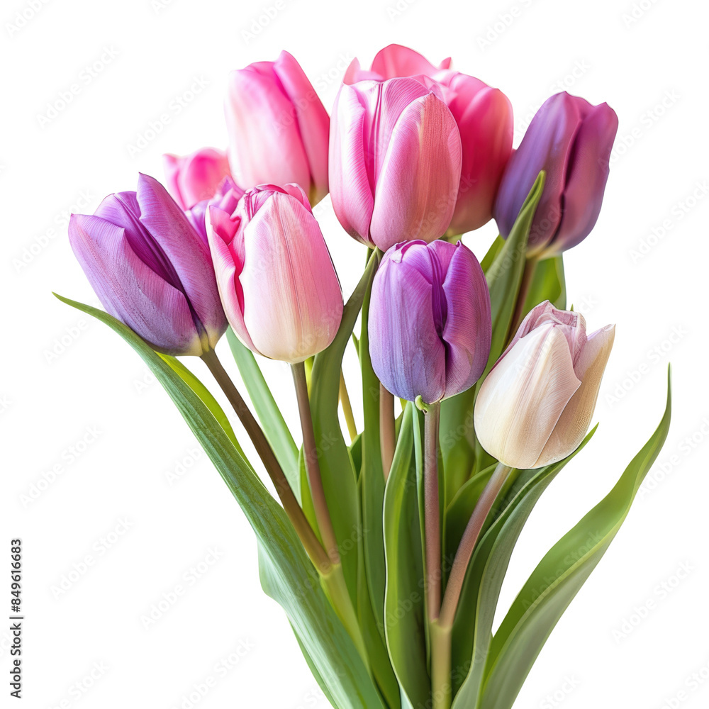 Colorful tulip bouquet with pink and purple flowers on solid white background, single object
Colorful tulip bouquet with pink and purple flowers on solid white background, single object