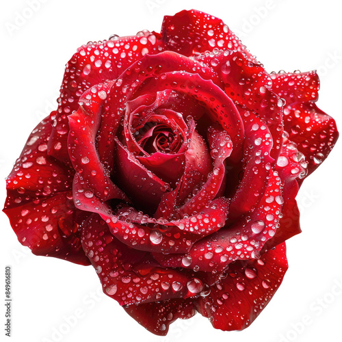 Close-up of a vibrant red rose with dew drops on solid white background, single object
 photo