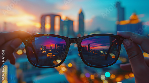 Traveler wearing sunglasses and admiring the stunning cityscape at sunset © Michael