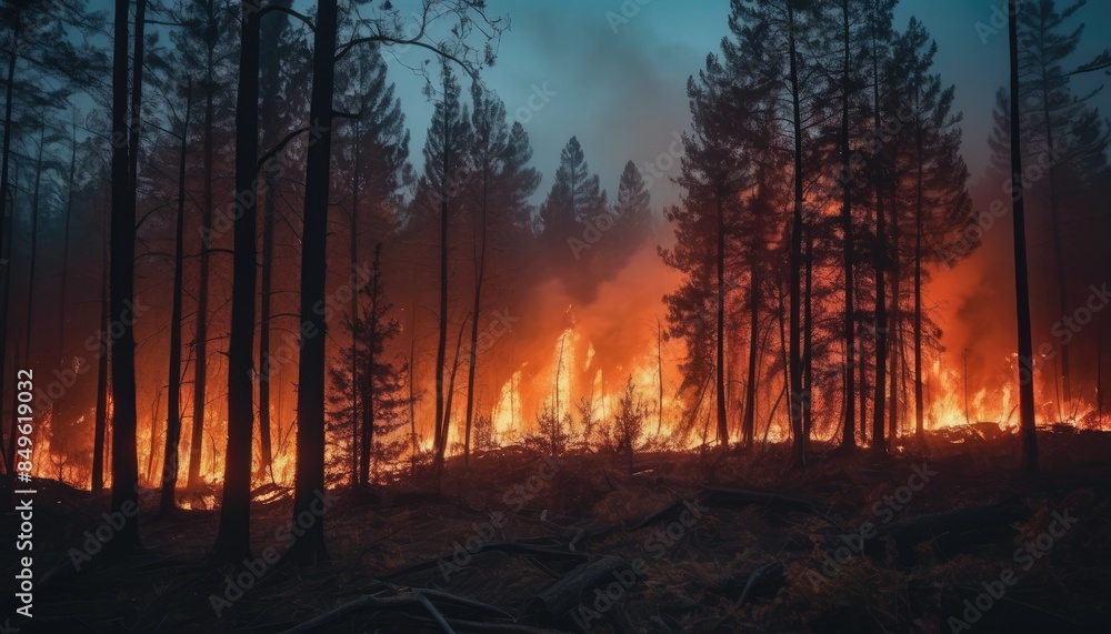 A fierce forest fire raging through a dense woodland, with towering flames and thick smoke rising into the sky, illustrating the devastating power of nature's wrath A fierce forest fire raging through a dense woodland, with towering flames and thick smoke rising into the sky, illustrating the devastating power of nature's wrath