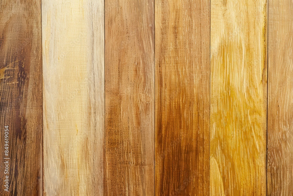 Naklejka premium Textured background is formed by several vertical wooden planks, each with its own unique grain and color variations. The warm tones and natural patterns create a rustic and inviting aesthetic