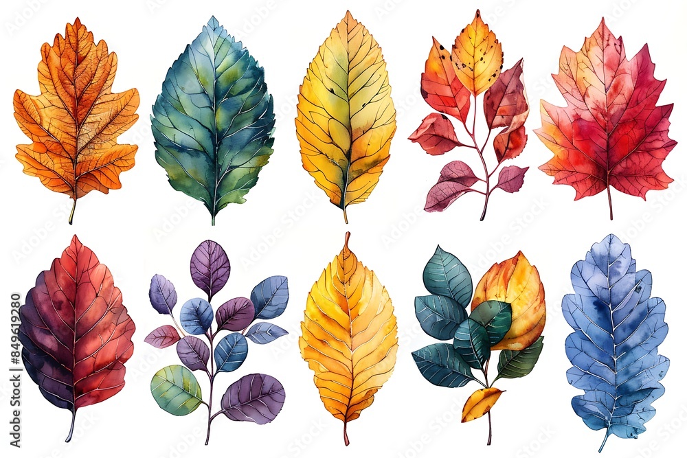 Fototapeta premium A watercolor painting of a collection of colorful autumn leaves in various shades of orange, yellow, red, green, blue, and purple, set against a white background.