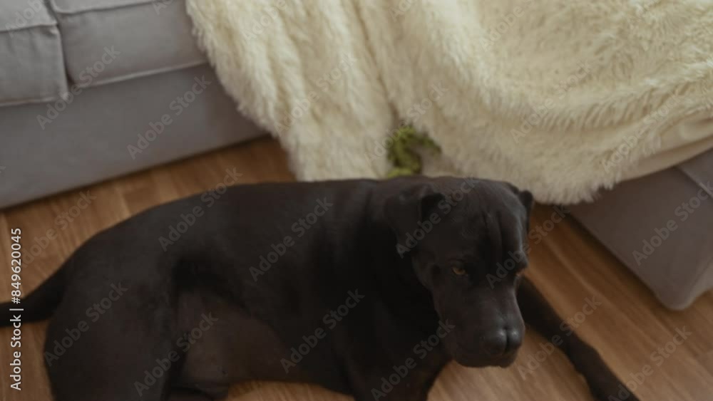 Adult woman relaxing on a sofa with her black labrador dog beside her ...