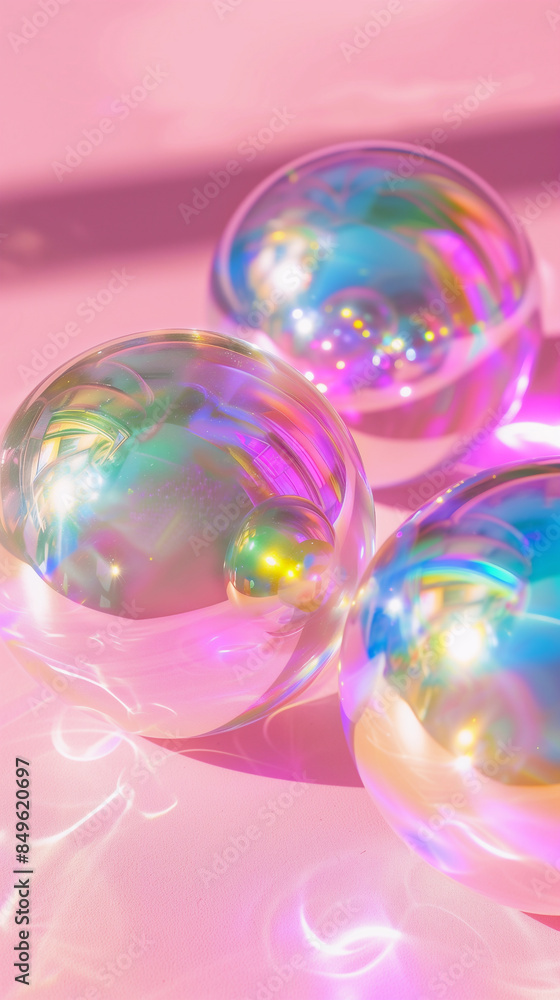 Holographic bubbles on peach and pink background pastel colors backdrop. Rainbow graphic, iridescent creative background, new retro trends 80s, 90s. Neon color design for wallpaper, banner, card, ads. Holographic bubbles on peach and pink background pastel colors backdrop. Rainbow graphic, iridescent creative background, new retro trends 80s, 90s. Neon color design for wallpaper, banner, card, ads.