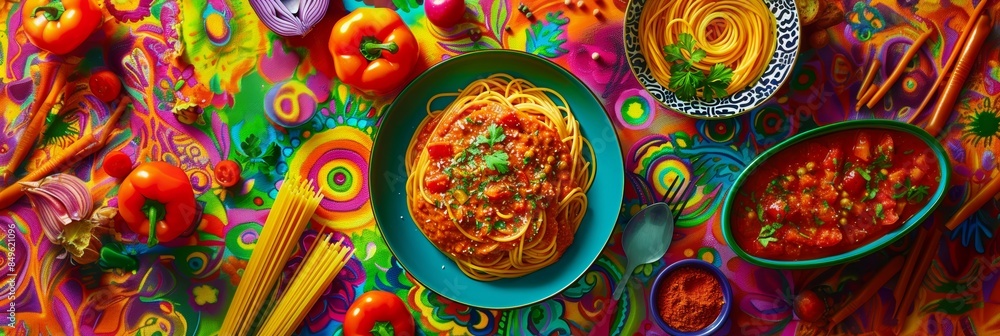 Fototapeta premium spaghetti with tomato sauce and other vegetables and ingredients on colorful napkin. Top view of exotic table setting