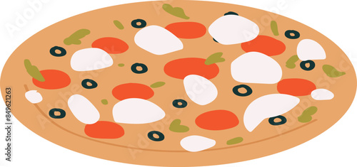 Thin crust pizza topped delicious melty mozzarella cheese, ripe juicy tomatoes, olives, basil leaves. Perfect handmade Margherita pizza, artistic flat design. Cartoon pizza topping veggies, cheesy