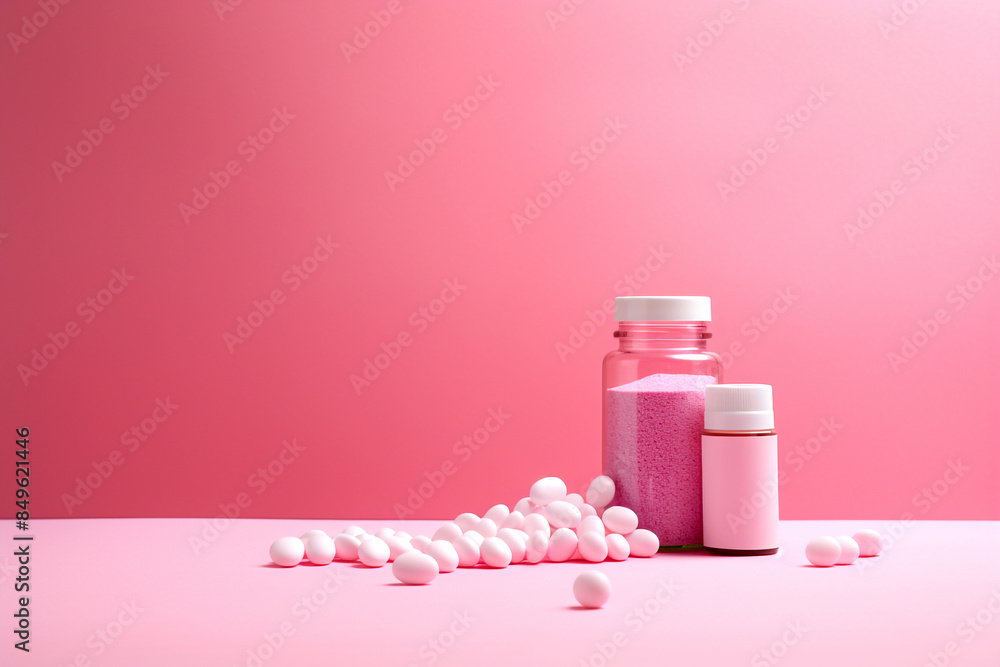 Bottles with medicine or beauty products on pink background. Vitamins and painkillers. Copy space Bottles with medicine or beauty products on pink background. Vitamins and painkillers. Copy space