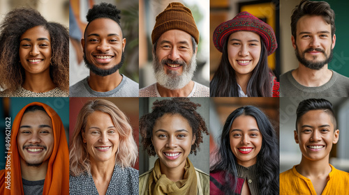 Diverse group of people smiling, collage of multi-ethnic portraits. Perfect for showcasing diversity, inclusion, and happiness in communities or workplaces.