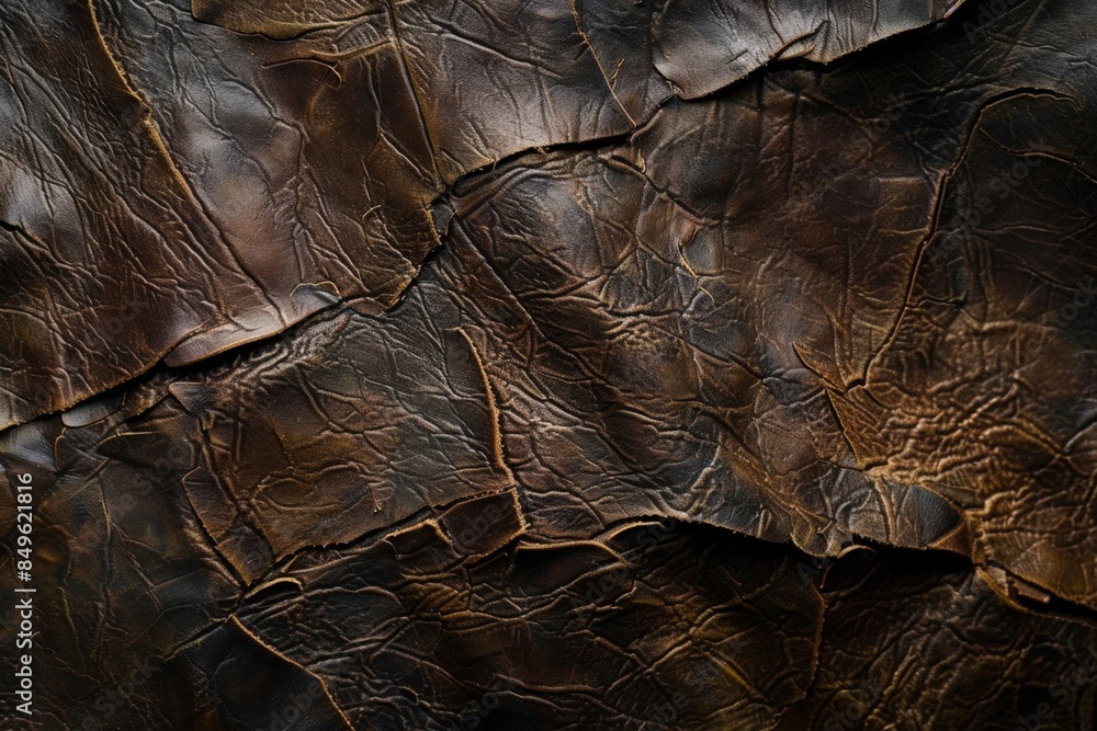 Close-up of dark brown leather texture, highlighting natural wrinkles and seams. Vintage, grunge feel with rough surface. Perfect for design projects Close-up of dark brown leather texture, highlighting natural wrinkles and seams. Vintage, grunge feel with rough surface. Perfect for design projects