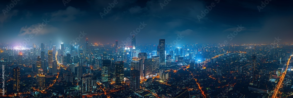 Fototapeta premium Urban nightscape, a breathtaking city skyline glowing with life and energy, perfect for modern lifestyle and travel concepts.