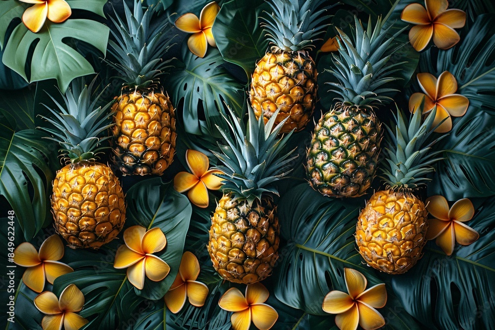 Pineapples, hibiscus, and green leaves for a fun summer feel. Pineapples, hibiscus, and green leaves for a fun summer feel.