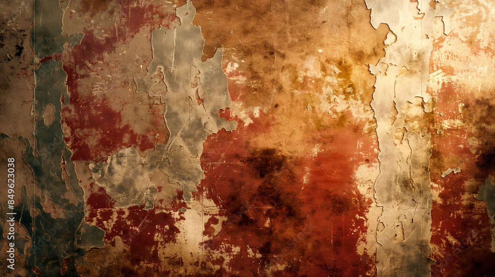 Obraz premium Decaying wall texture with red overtones, suitable for background in themes of urban decay and historical storytelling.