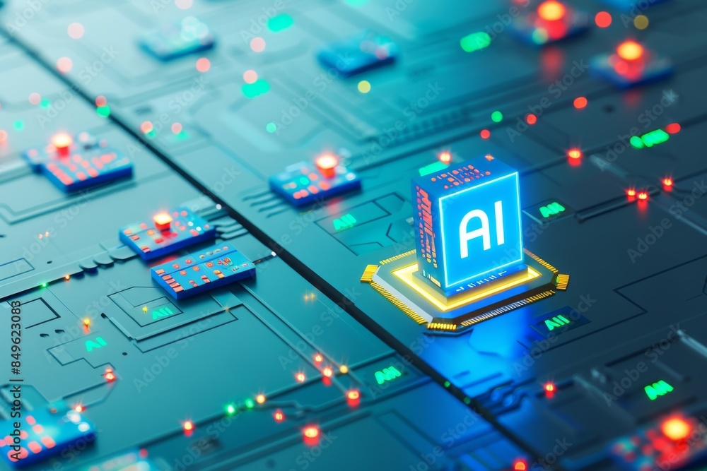 Fototapeta premium AI microchip on a digital circuit board, representing artificial intelligence, data processing, and smart technology in modern digital environments.