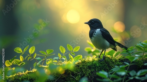 Black-and-White Bird Perched on Mossy Branch