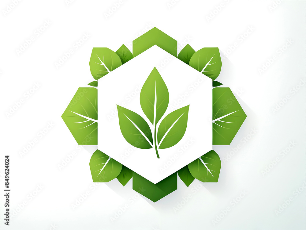 hexagon logo with green leaves on a flat background hexagon logo with green leaves on a flat background