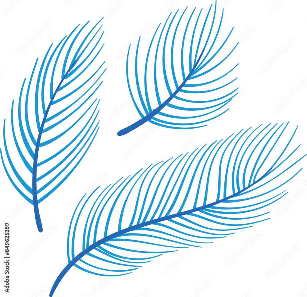 Fototapeta premium Three abstract blue feathers appear sleek minimalist, emphasizing modern graphic design style. Vector illustration features isolated white background, making feathers visually distinctive creative