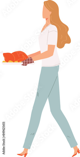 woman carrying roasted turkey dish, light brown hair, shirt, light blue pants, walking, dish contains baked potatoes around brown turkey, visible oven mitt, no face details, background