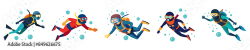 Set of Scuba divers isolated on white background. Graphic illustration. Concept of underwater adventure, scuba diving tourism. Print, design elements