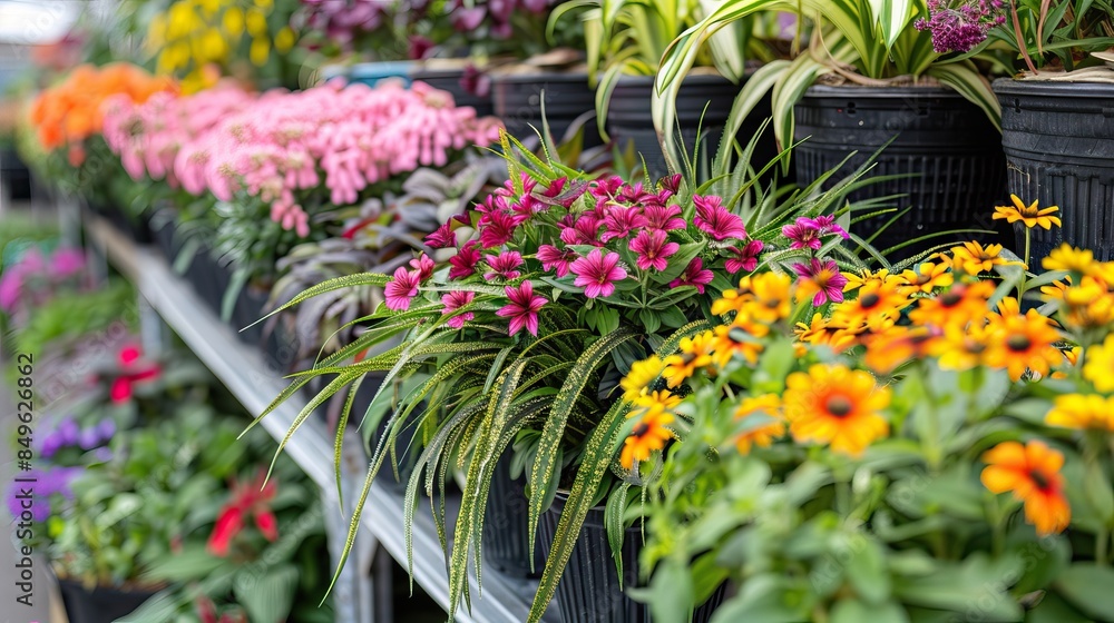 Vibrant Display of Colorful Flowers in Pots at a Garden Center in Full Bloom