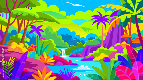 Jungle landscape with palm trees, lush greens and vegetation along a river, creative colors. Children book illustration. Vibrant jungle scene with exotic plants and hidden waterfall
