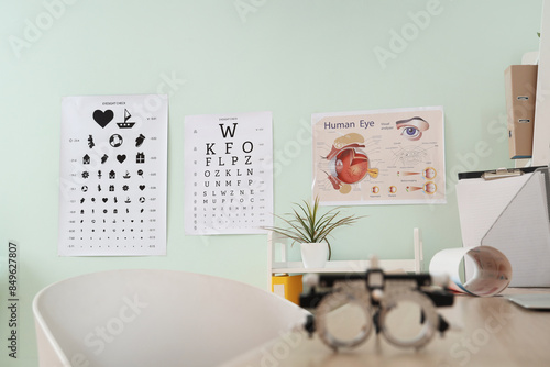 Eye test charts on green wa...