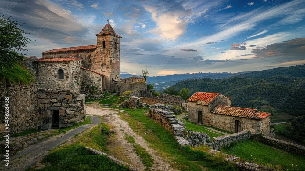 Naklejka premium A village road leading to an old church, with stone walls and green fields on both sides, taken during the golden hour with warm colors and soft lighting. The sky is blue with white clouds.