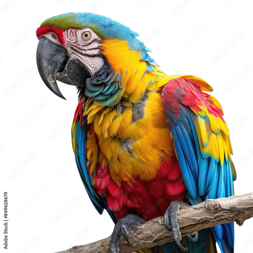 Naklejka premium Colorful parrot perched on a branch on solid white background, single object 