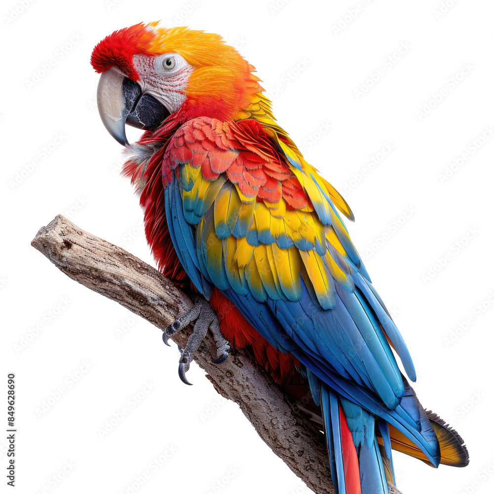 Fototapeta premium Colorful parrot perched on a branch on solid white background, single object 
