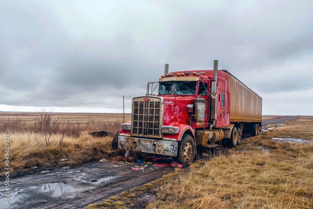 An old semi truck with red cab abandoned on a muddy, desolate road with overcast skies, conveying neglect An old semi truck with red cab abandoned on a muddy, desolate road with overcast skies, conveying neglect