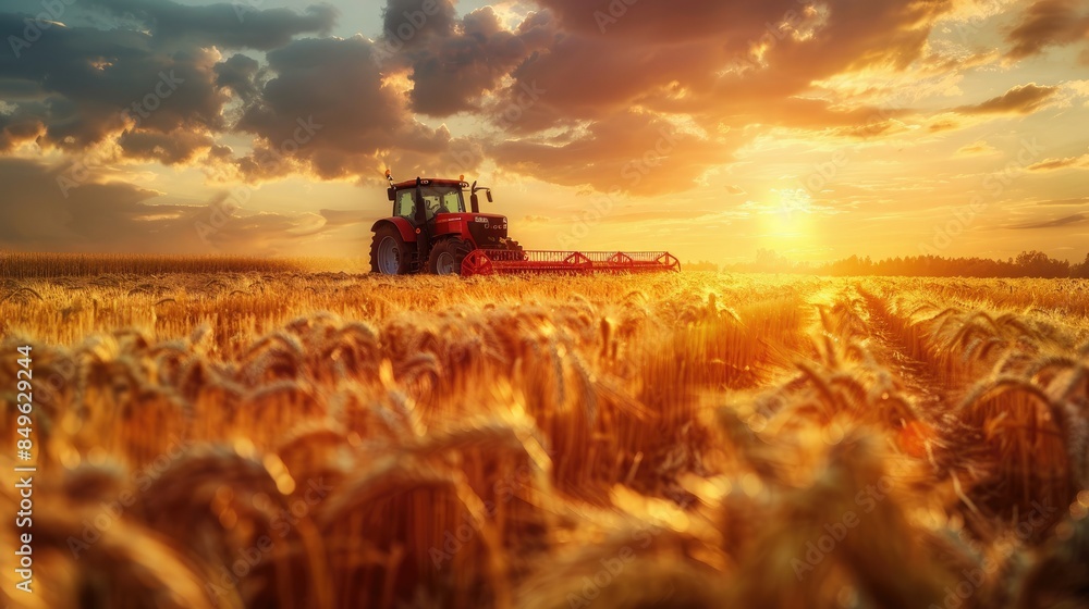 Fototapeta premium Rural background with a combine harvester working in a field of golden wheat, depicting the concept of grain harvesting. tractor harvesting crops on farmland at sunset. Close-up of a red combine.