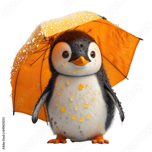 Cheerful penguin with a beach umbrella on solid white background, single object
 photo