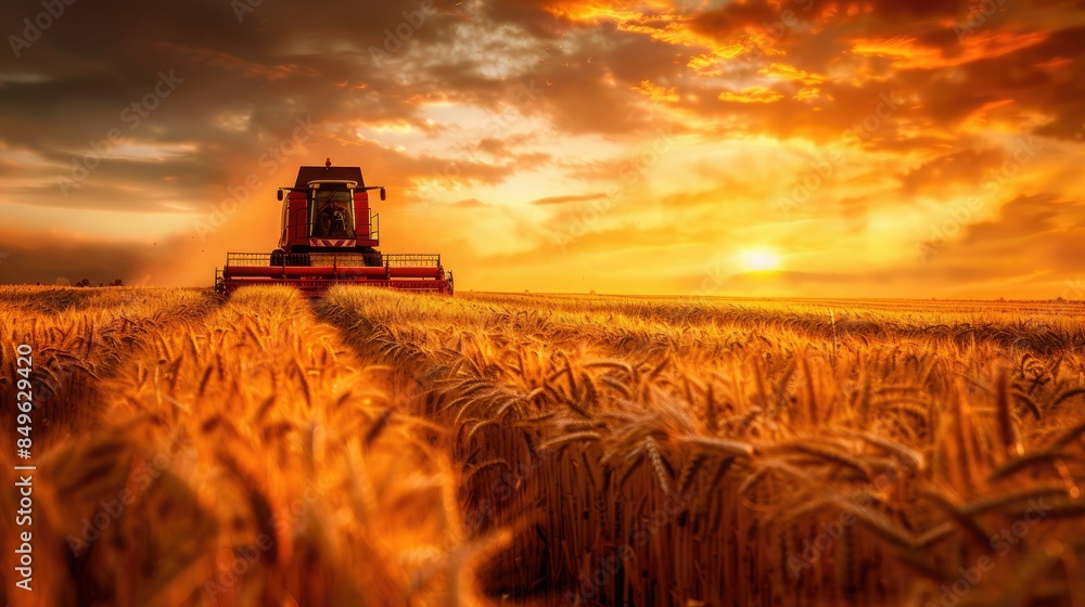 Fototapeta premium Rural background with a combine harvester working in a field of golden wheat, depicting the concept of grain harvesting. tractor harvesting crops on farmland at sunset. Close-up of a red combine.
