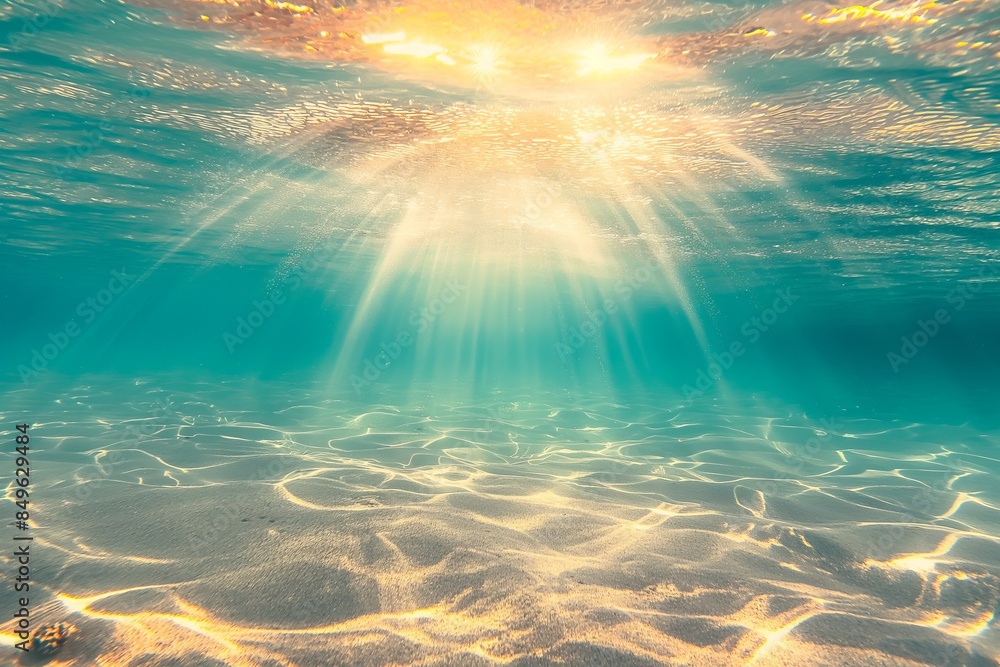Obraz premium Warm sunlight filters through clear water, casting patterns and illuminating the sand underneath the ocean surface