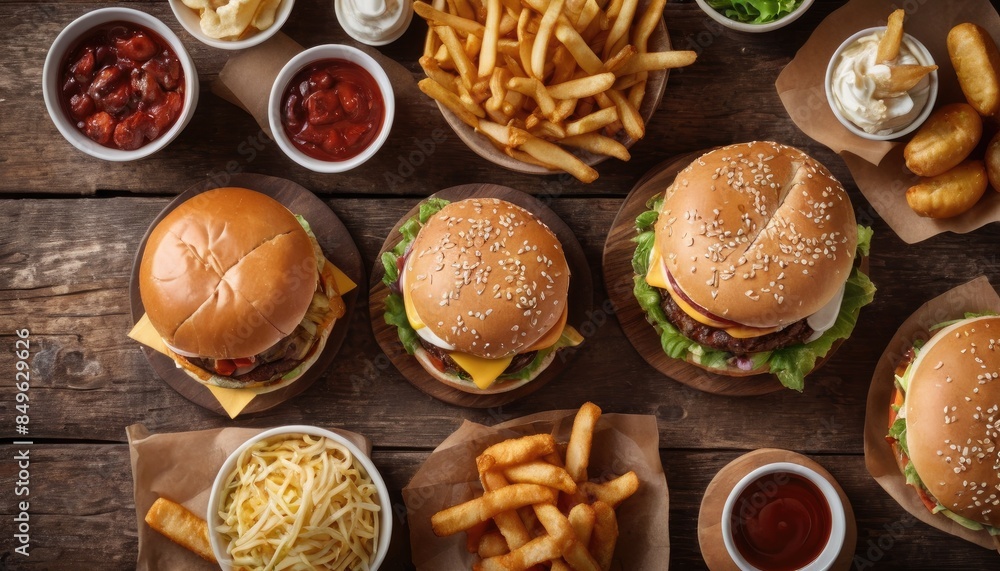 Fototapeta premium A delightful fast-food arrangement featuring multiple burgers, crispy fries, and various sauces, all beautifully presented on a wooden surface, ready to enjoy