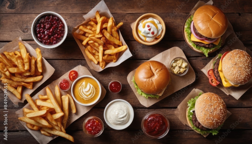 An overhead view of a variety of burgers and crispy fries, surrounded by bowls of dipping sauces and a drink, creating an inviting scene for a tasty meal An overhead view of a variety of burgers and crispy fries, surrounded by bowls of dipping sauces and a drink, creating an inviting scene for a tasty meal