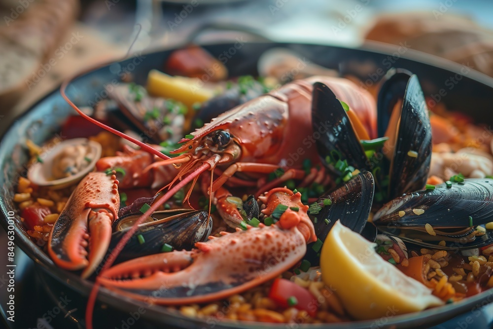 Close Up of Tempting Seafood Paella on Table Close Up of Tempting Seafood Paella on Table