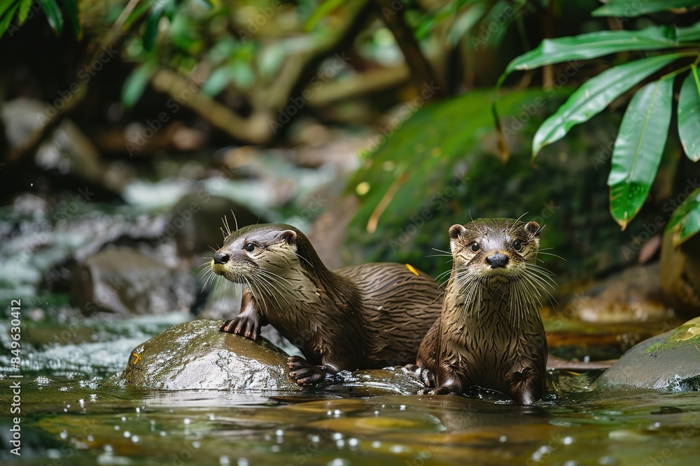 Group of Otters Swimming in River