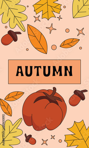 Autumn poster or cover with beautiful bright leaves and pumpkin fruit outline illustration design