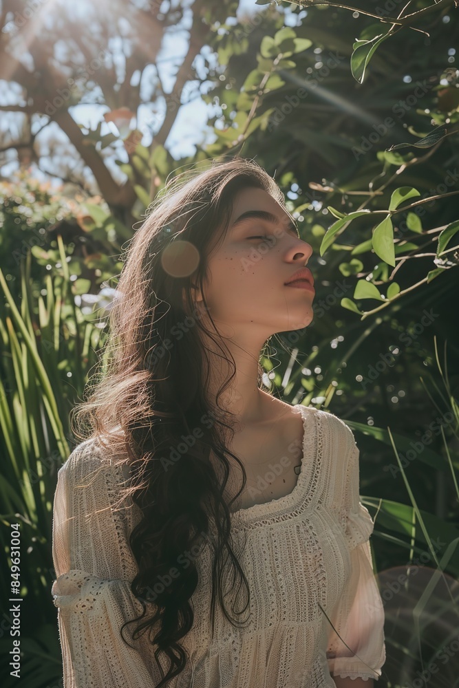 young woman stands in nature embracing the beauty young woman stands in nature embracing the beauty