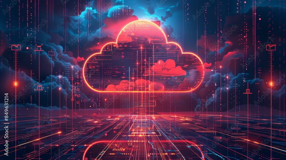 Futuristic cloud computing concept with glowing digital data and network connections in a neon-lit digital environment. Futuristic cloud computing concept with glowing digital data and network connections in a neon-lit digital environment.