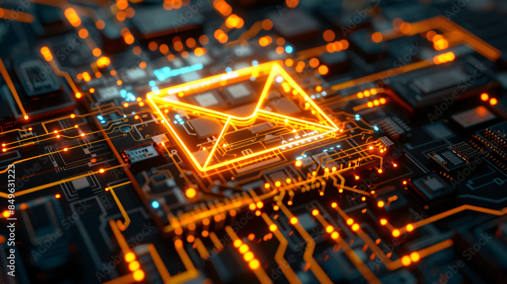 Glowing envelope representing sending data through a circuit board Glowing envelope representing sending data through a circuit board