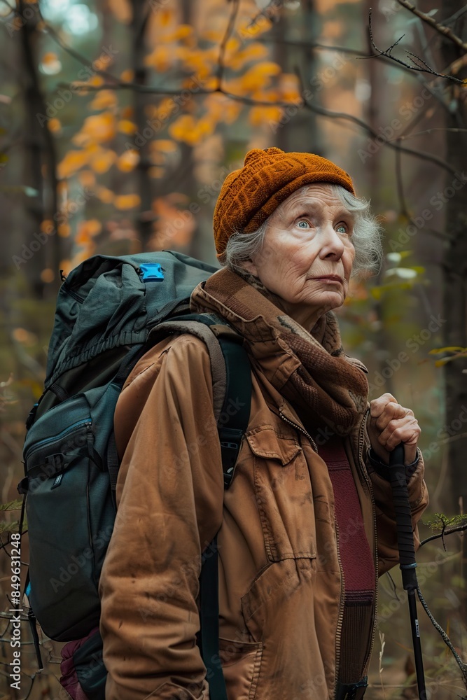 Fototapeta premium Elderly Woman Hiking in the Woods