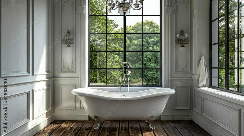 The large window in the bathroom of the old mansion had white walls and a black frame. Below it was a bathtub, above which hung a modern-style chandelier. The large window in the bathroom of the old mansion had white walls and a black frame. Below it was a bathtub, above which hung a modern-style chandelier.