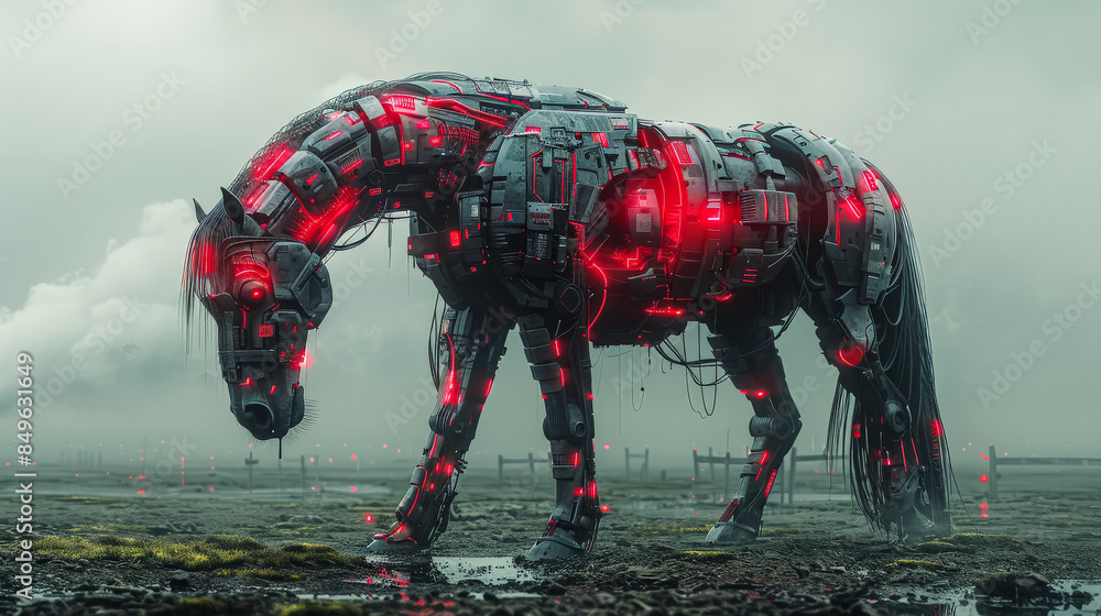 A robot horse with red lights on its legs and head. The horse is ...